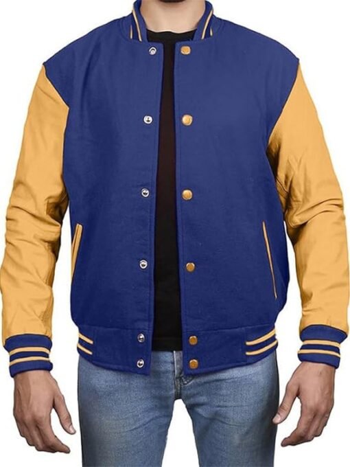 Royal-Blue With Gold Leather Sleeves Varsity