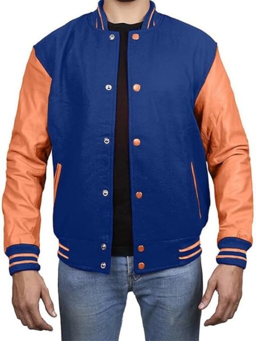 Blue with Orange Leather Sleeves Varsity