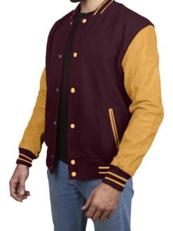Maroon With Gold Leather Sleeves Jacket