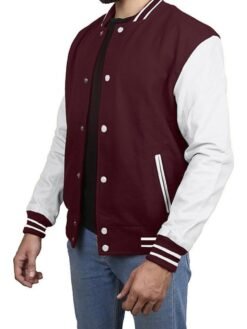 Maroon With White Leather Sleeves Varsity Jacket