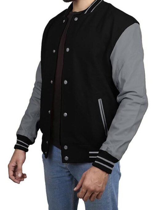 Black Grey Varsity Jacket With Leather Sleeves