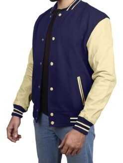 Navy Blue With Cream Leather Sleeves Jacket