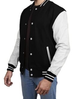 Black Varsity Jacket With White Leather Sleeves