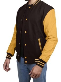 Brown Gold Leather Sleeves Jacket
