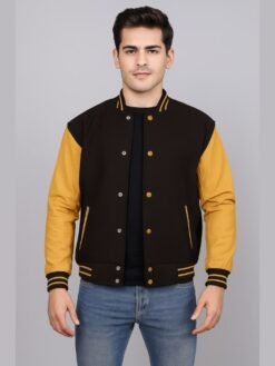 Brown Gold Leather Sleeves Varsity Jacket
