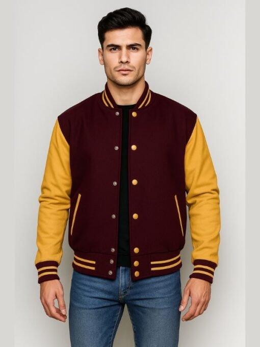 Maroon Varsity With Gold Leather Jacket
