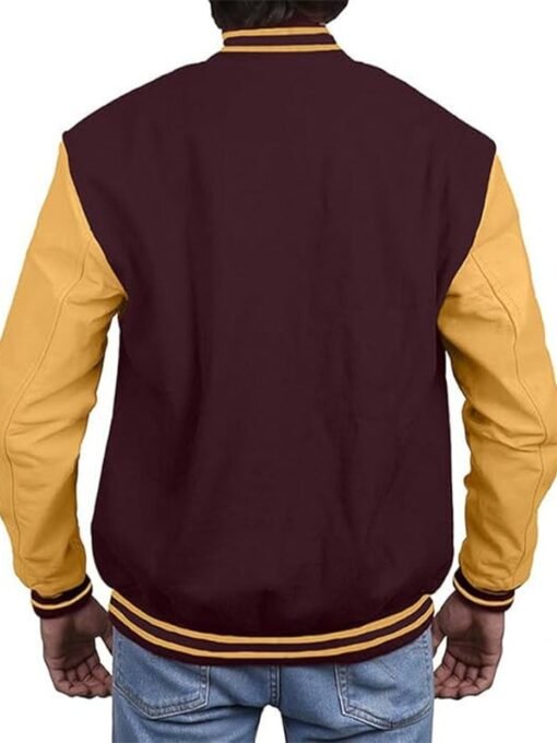 Brown Gold Leather Sleeves Varsity Jacket