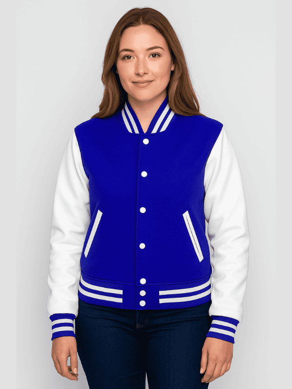39-min Blue With White Leather Sleeves Varsity