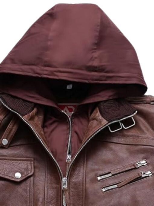 Men’s Hooded Brown Distressed Leather Jacket