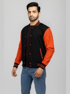 Black Varsity Jacket With Orange Sleeves