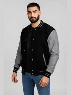 Black Grey Varsity Jacket With Leather Sleeves