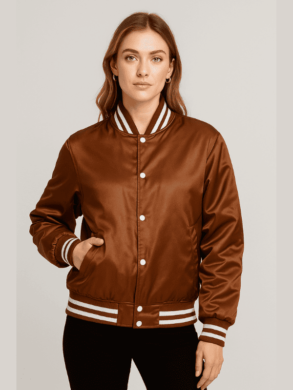 17-min Outwear Legacy Women's Brown Satin Varsity Jacket