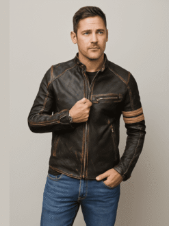 Men’s Distressed Brown Cafe Racer Leather Jacket