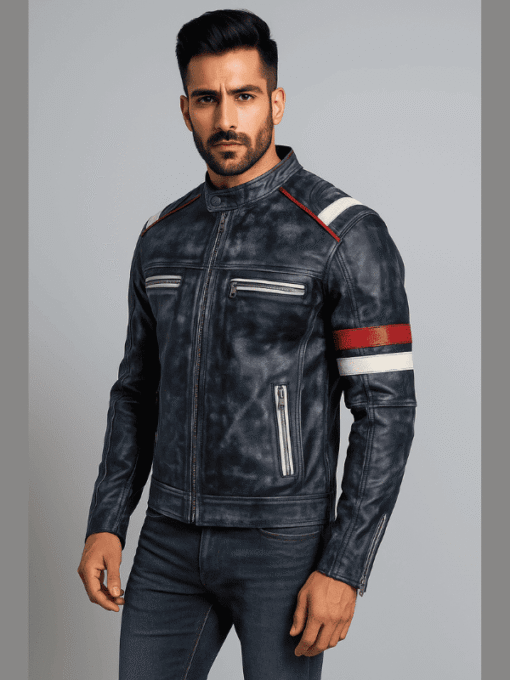 Men’s Distressed Black Cafe Racer Leather Jacket