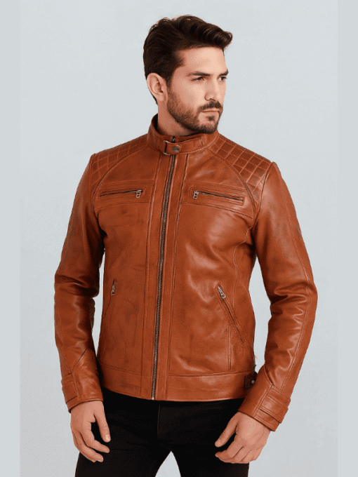 Outwear Legacy Men's Quilted Brown Leather Biker Jacket
