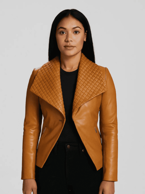 Lee Tan Brown Real Leather Blazer For Women's
