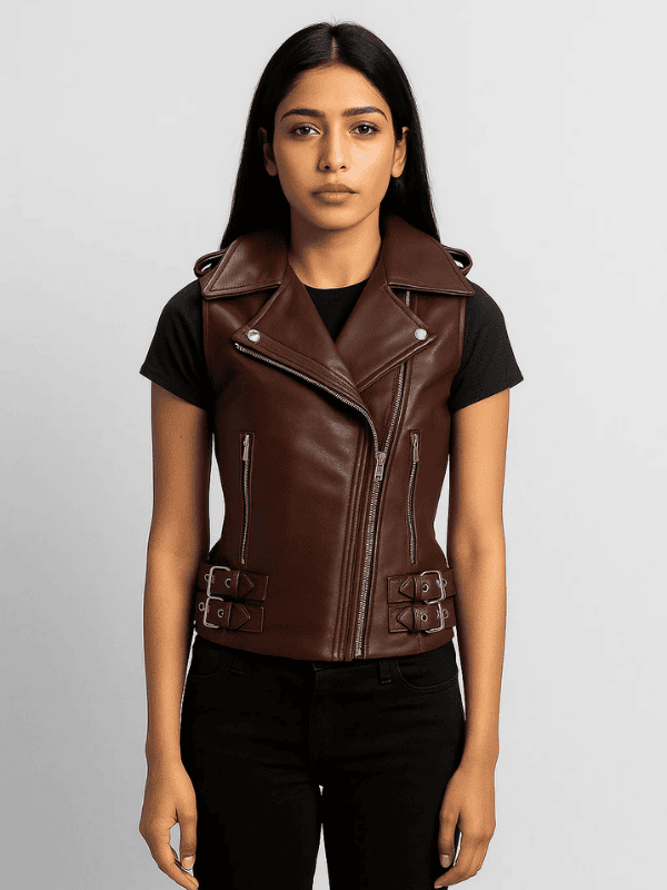 Untitled design (2) Ronda Rousey Maroon Leather Biker Vest