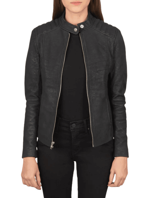 Untitled design (2) Women's Distressed Black Leather Biker Jacket