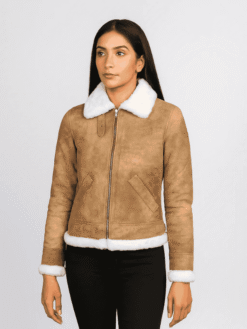 Women's B-3 Brown & White Leather Bomber Jacket