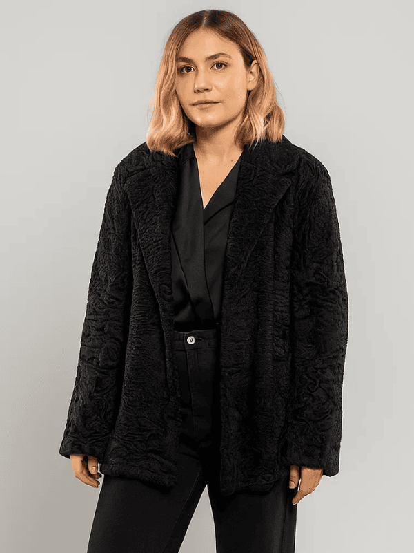 Women’s Black Astrakhan Fur Coat with Belt Black Astrakhan Fur Coat with Belt