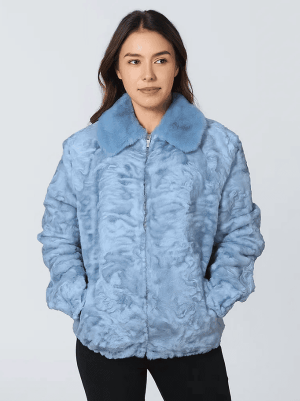 Women’s Blue Persian Lamb Fur Bomber Jacket Women’s Blue Persian Lamb Fur Bomber Jacket