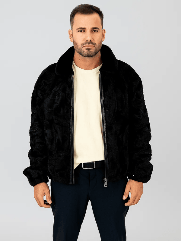 Outwear Leagacy Men's Luxury Black Persian Lamb Fur Bomber Jacket