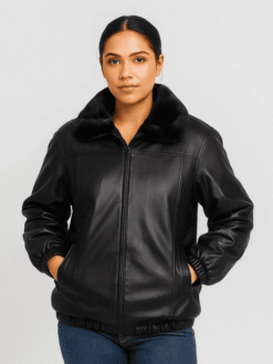 Women’s Black Leather Jacket With Mink Collar