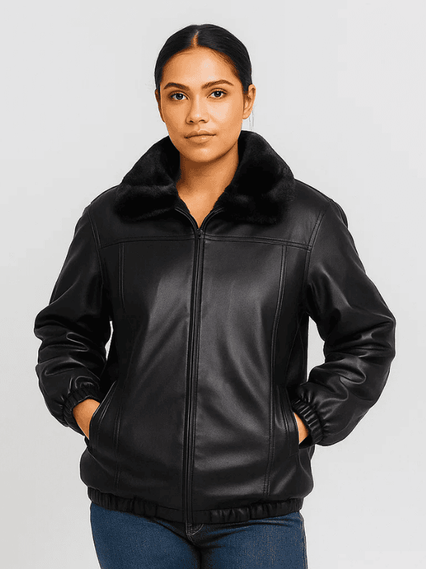 Outwear legacy Women’s Black Leather Jacket With Mink Collar