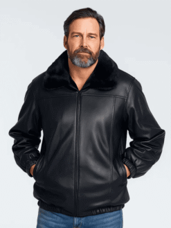 Men’s Black Leather Jacket With Mink Collar