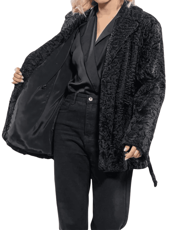 Women’s Black Astrakhan Fur Coat with Belt Women’s Astrakhan Fur Coat with Belt