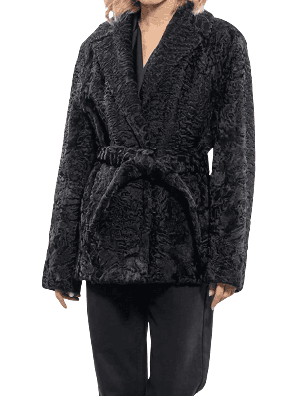 Women’s Black Astrakhan Fur Coat with Belt Women’s Black Astrakhan Fur Coat