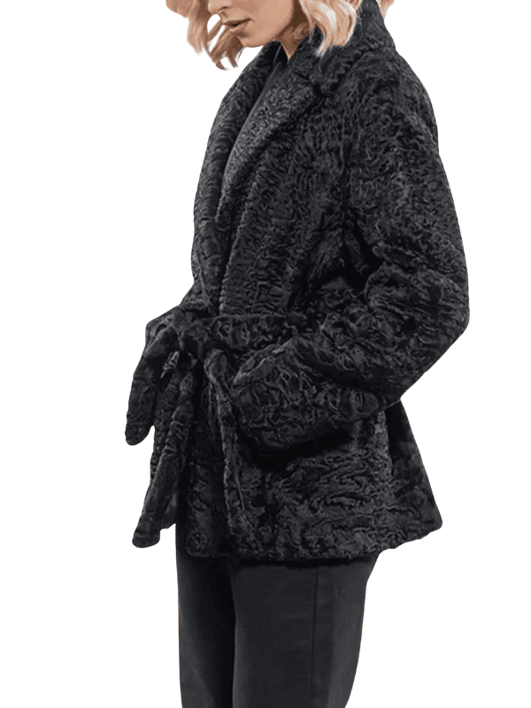 Women’s Black Astrakhan Fur Coat with Belt Women’s Astrakhan Fur Coat