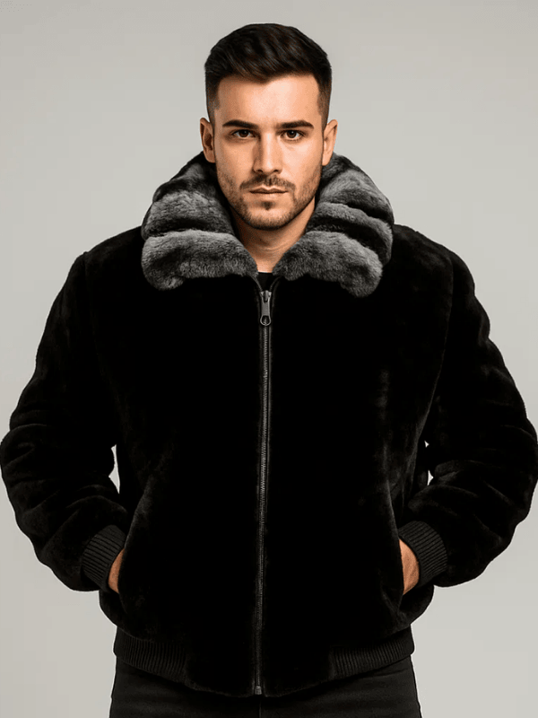Outwear Leagacy Men's Mink Fur Bomber Jacket with Chinchilla Collar