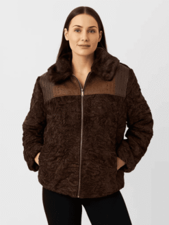 Women's Brown Persian Lamb Fur Bomber Jacket with Leather Trim