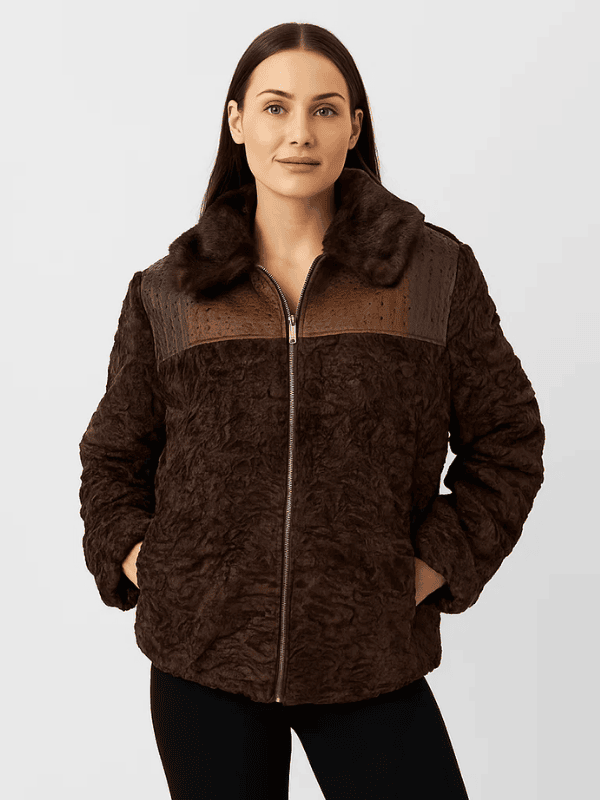 Outwear Legacy (1) Women's Brown Persian Lamb Fur Bomber Jacket with Leather Trim