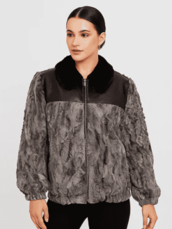Women's Grey Persian Lamb Fur Bomber Jacket with Leather Trim
