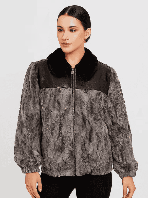 Outwear Legacy (2) Women's Grey Persian Lamb Fur Bomber Jacket with Leather Trim