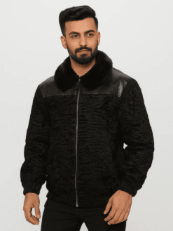 Men's Black Astrakhan Persian Lamb Fur Bomber Jacket