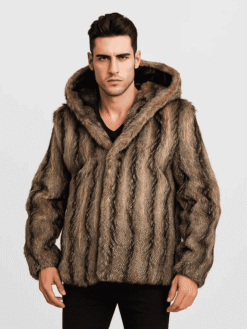 Men's Brown Coyote Fur Coat with Hood