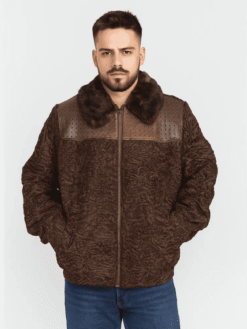Men's Brown Persian Lamb Fur Bomber Jacket with Leather Trim