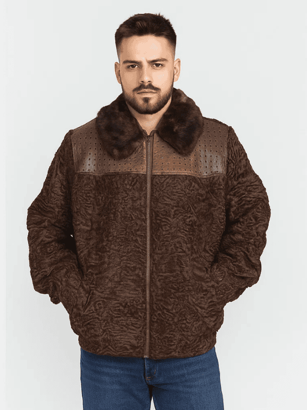 Outwear Legacy Men's Brown Persian Lamb Fur Bomber Jacket with Leather Trim