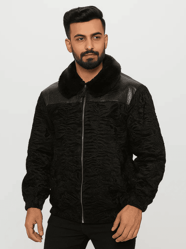 Outwear Legacy Men's Black Astrakhan Persian Lamb Fur Bomber Jacket