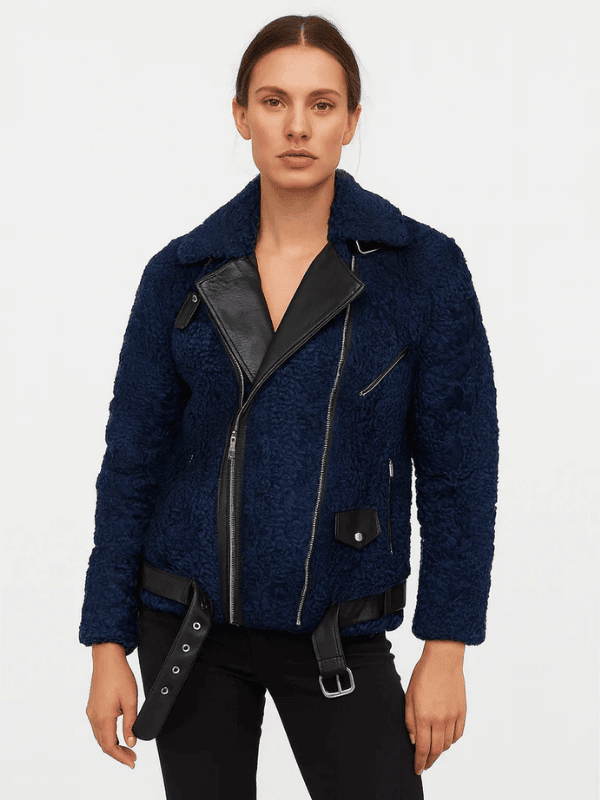 Outwear Legacy Women's Navy Blue Persian Lamb Fur Biker Jacket