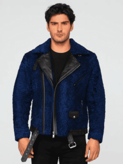 Men's Navy Blue Persian Lamb Fur Biker Jacket