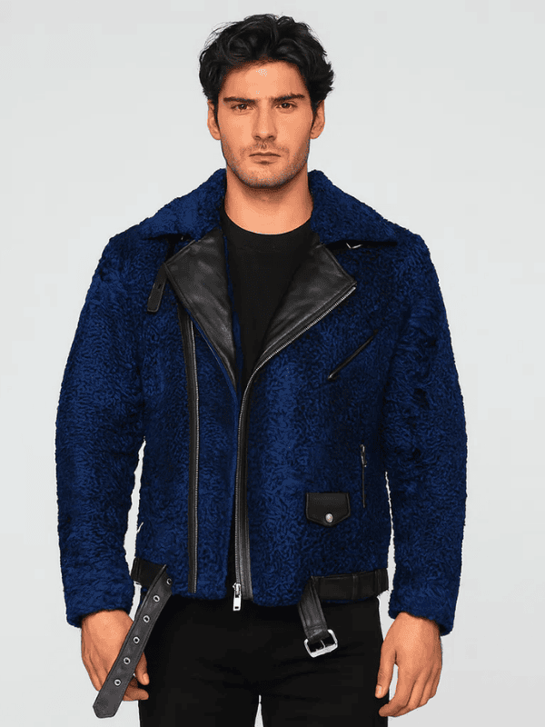 Outwear Legacy Men's Navy Blue Persian Lamb Fur Biker Jacket