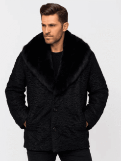 Men's Persian Lamb Fur Short Coat with Fox Fur Collar