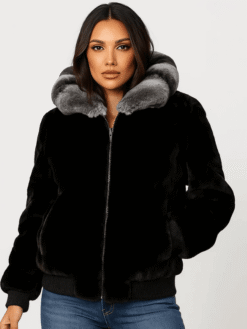 Women's Mink Fur Bomber Jacket with Chinchilla Collar