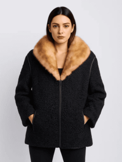 Women's Real Astrakhan Jacket with Cream Mink Fur Collar