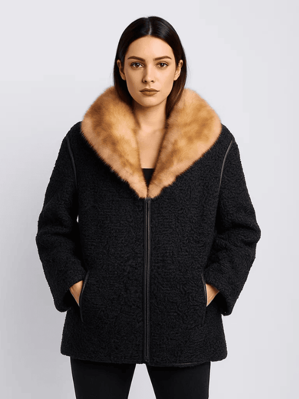 Outwear Leagacy Women's Real Astrakhan Jacket with Cream Mink Fur Collar
