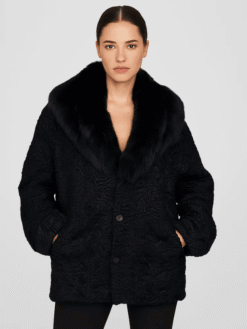 Women's Persian Lamb Fur Short Coat with Fox Fur Collar